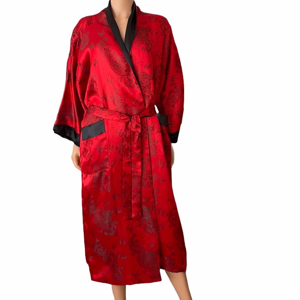 Vintage Reversible Asian Red Black Brocade Long Kimono Robe One Size